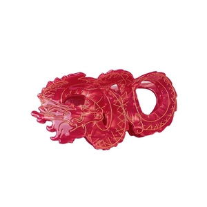 Red acetate Chinese dragon hair claw clip with gold details for women on white background