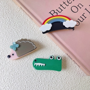 Close-up of cute acrylic animal hair clips featuring rainbow, hedgehog, and crocodile designs