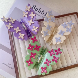 Butterfly Hair Claw Clip Cellulose Acetate 3D Flower Rhinestone Hair Accessory For Women Sweet Vintage Large Shark Clip