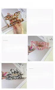 Detail view of acetate floral hair claws in tortoiseshell, pink marble, and ink patterns