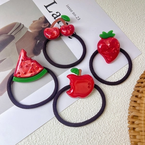 Elastic hair ties set with sparkling acrylic cherry strawberry and fruit pendants