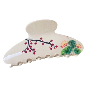 Pince à cheveux élégante en acétate crème avec motifs classiques de lotus et de prunier