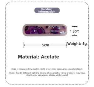 Detail view of purple floral acetate hair clip with 5cm length and 5g weight specs