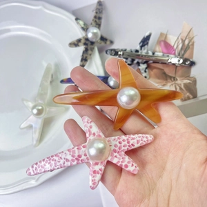 Pince à cheveux étoile de mer en acétate avec perle, motifs variés pour femme