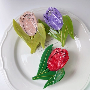 Pinces à cheveux tulipe élégantes avec strass en acétate rose, violette et rouge vif