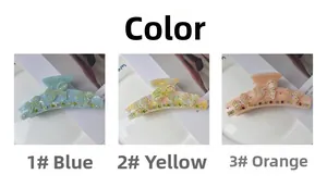 Detailed comparison of butterfly hair claws in blue, yellow, and orange with rhinestones