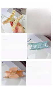 Detailed views of acetate hair claws in marble green, floral blue, and pearl pink styles