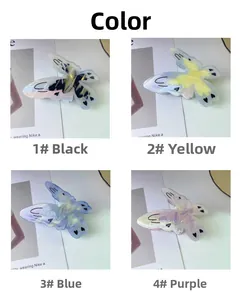 Detailed four-color grid showing butterfly hair claws in acetate with pearlescent finish