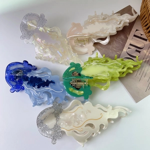 Colorful jellyfish acetate hair claw clips with glitter and gold outline for women
