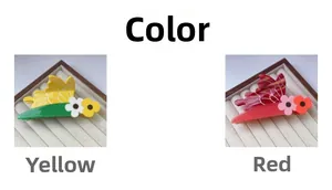 Detailed view of yellow and red acetate butterfly hair clips with floral accents