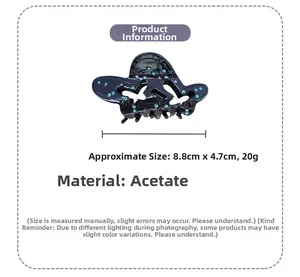 Detailed view of 8.8cm acetate butterfly hair claw clip with blue rhinestones size guide
