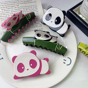 Pinze per capelli minimaliste in acetato a panda nere e rosa con motivo a bambù