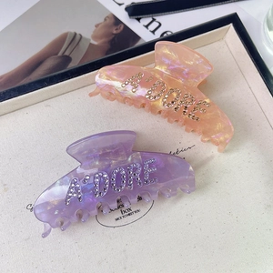 Elegant Acetate Hair Claw Clip With Rhinestone Letters Marble Texture Shark Clip Fashion Hair Accessories For Women