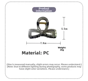 Silver bow-shaped hair claw clip made of PC material with dimensions 7.8cm by 5.5cm