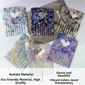 Detailed macro view of heart-shaped acetate hair combs with colorful tortoiseshell texture