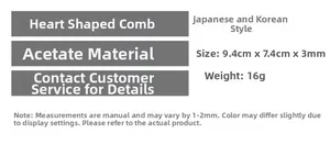 Detailed specifications of the acetate heart-shaped hair comb with size and weight info