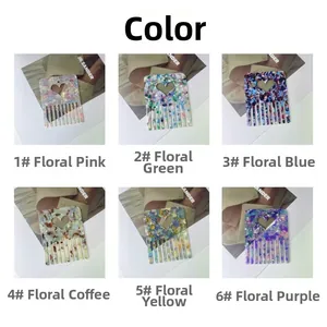 Collage showing 6 colorful heart-patterned acetate hair combs in various floral prints
