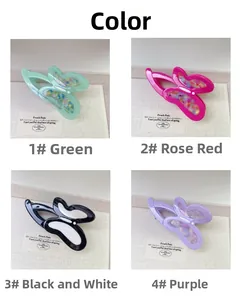 Detail view of butterfly hair clips in four color variants with acetate textures