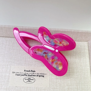 Pink butterfly hair claw clip with colorful mosaic acetate finish for women styling