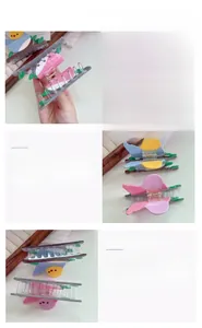 Detail view of bird-shaped acetate hair claw clips featuring floral patterns and spring