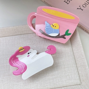 Süßes Set Haarklammern aus Acetat mit rosa Kaffeetasse und Einhorn-Design für Damen