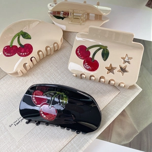 Elegant cherry hair claws with rhinestones in cream and black, Korean style acetate clips
