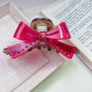 Vue détaillée d'une pince à cheveux à double nœud rose translucide avec points ajourés