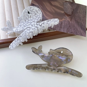 Unique whale shaped acetic acid hair claw clip with iridescent gray and marble texture