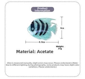 Detailed size specifications for acetate fish hair claw with blue marble texture