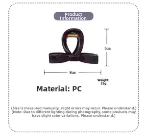 Detail view of 8x5cm PC material bow hair claw clip with dimensions and weight specs