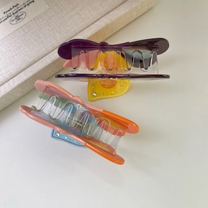 Detail of colorful butterfly hair claws with acetate finish and sparkling rhinestones