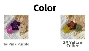 Détail des pinces à cheveux fleurs en acétate avec perles en tons rose violet et jaune