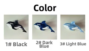 Detailed comparison of orca-shaped hair claws in black, dark blue, and light blue finishes