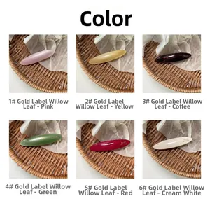 Collage of willow leaf hair clips in six colors including pink, yellow, and coffee brown