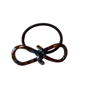 High-elastic black hair tie with a dark amber tortoiseshell pattern acetate bow accessory