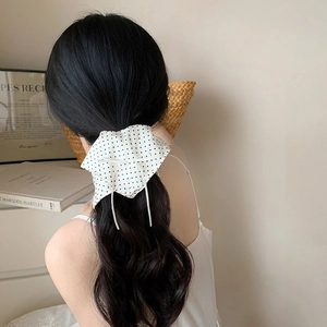 French retro cream polka dot bow hair tie with long ribbons for elegant women's ponytail