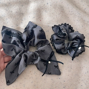 Women Vintage Grey Black Lace Bowknot Scrunchie Elegant Fabric Hair Tie With Heart Pendant Sweet Hair Accessories For Ponytail