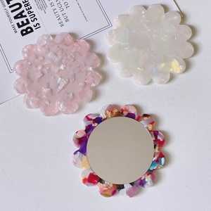 Portable vintage acetate floral mini pocket makeup mirror in colorful shell finish