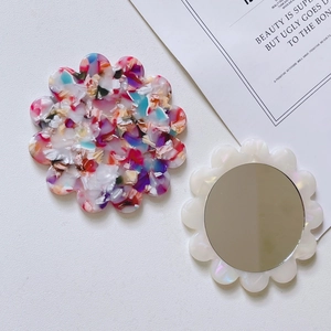 Floral acetate portable makeup mirror with high-definition round glass for girls