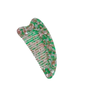Green and brown marble acetate anti-static wide tooth hair comb with ergonomic wave handle