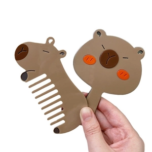 Cute Capybara handheld mirror and comb set with cartoon design for girls' beauty care