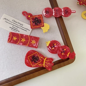 Lot de 5 barrettes rouges pour le Nouvel An avec des motifs traditionnels chinois porte-bonheur