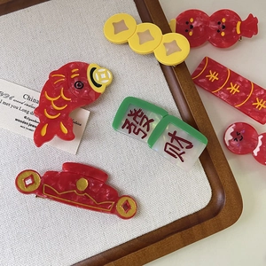 Barrettes rouges du Nouvel An chinois avec motifs de carpe Koï, Mahjong et sac de chance