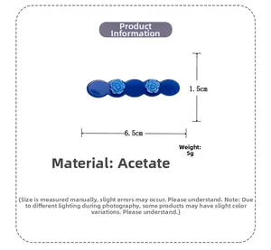 Blue rose acetate hair clip detail showing 6.5cm length and lightweight 5g specs