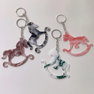 Creative horse-shaped acrylic keychains with marble patterns and silver metal rings