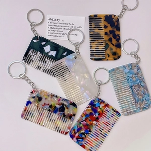 Fashion Square Mini Comb Shape Resin Keychain For Women Car Bag Hanging Accessory Geometric Leopard Marble Pattern Keychain Charm