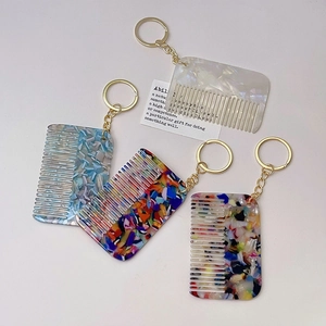 Minimalist acetate mini hair comb keychain set in pearl white and floral patterns