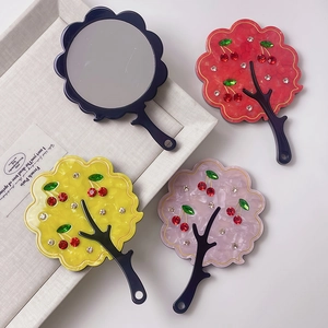 Vintage Tree Shaped Acetate Handheld Makeup Mirror With Cherry Rhinestones Marble Pattern Portable Dressing Mirror For Women Gift