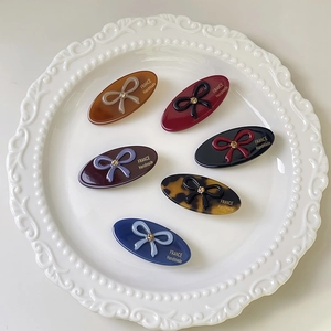 Set of 6 vintage oval hair clips with rhinestones and handmade bow design