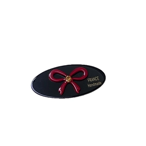Oval rhinestone bow hair clip with red ribbon and gold France Handmade lettering